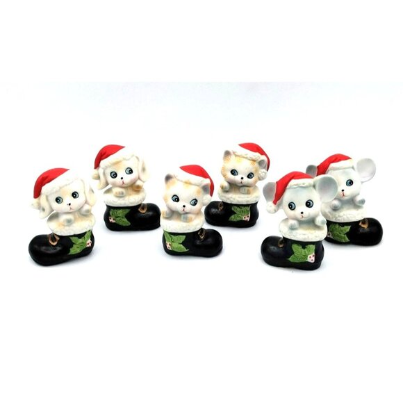 Christmas Animals Homco Ceramic Mouse Puppy Kitten Figures Santa Boots 1960s - Picture 2 of 16